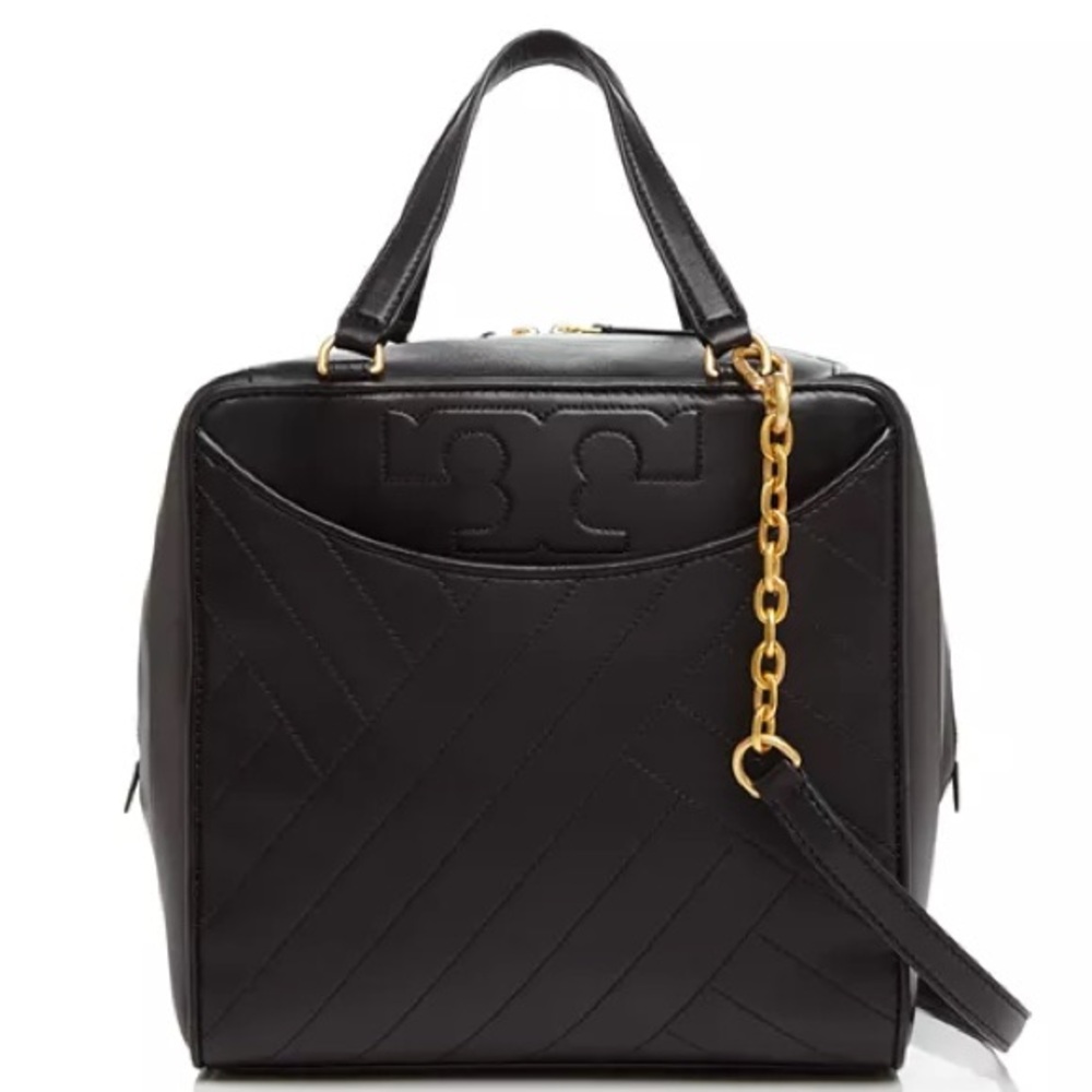 Like New Tory Burch Alexa Black Quilted Small Satchel with Gold Chain